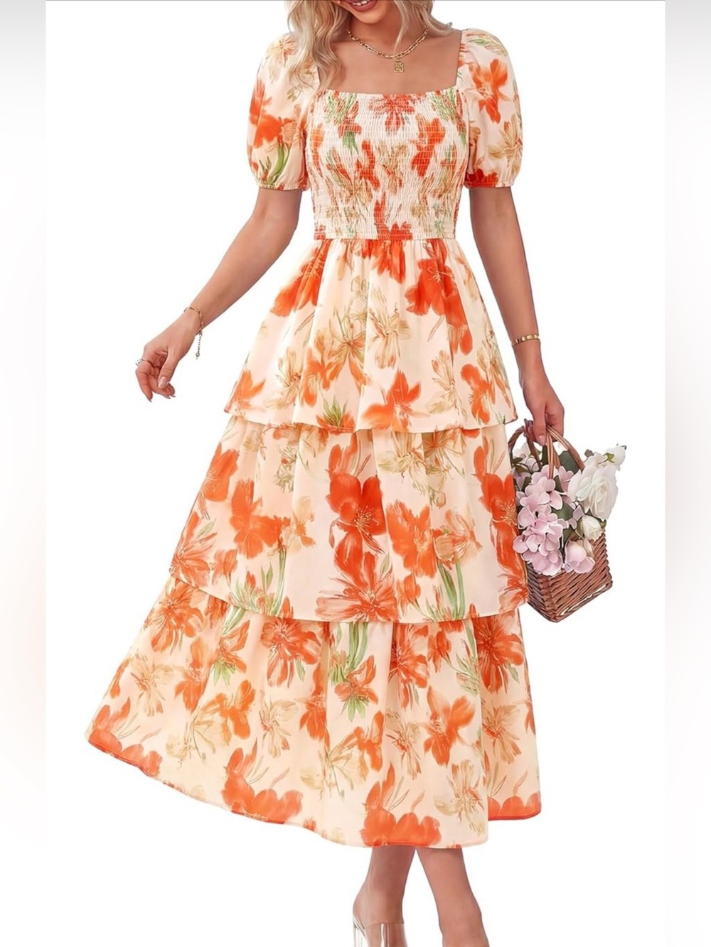 #49 BTFBM Smocked Square-Neck Tiered Floral Maxi Dress - Orange Floral